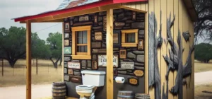 Exterior of an artful custom outhouse in Texas