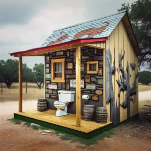 Exterior of an artful custom outhouse in Texas